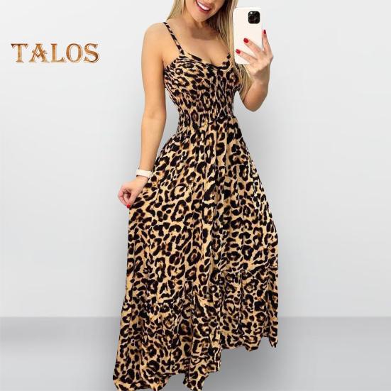 Women Strappy Dress Leopard Print Low-cut V Neck Sleeveless Tight High Waist Color Matching Backless Big Hem Vacation Beach Maxi Dress