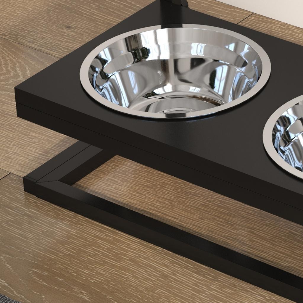 Raised Dog Bowl Stand with Adjustable Height, 2 x 900ml Stainless Steel Bowls, Black