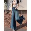Plus Size Retro Frayed Wide-Leg Denim Skirt for Pear-Shaped Women - High Waist, Slimming Flared Design for Spring and Autumn.