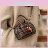 Retro Small Artistic Bear Embroidery Check Pattern Handbag For Outings Casual