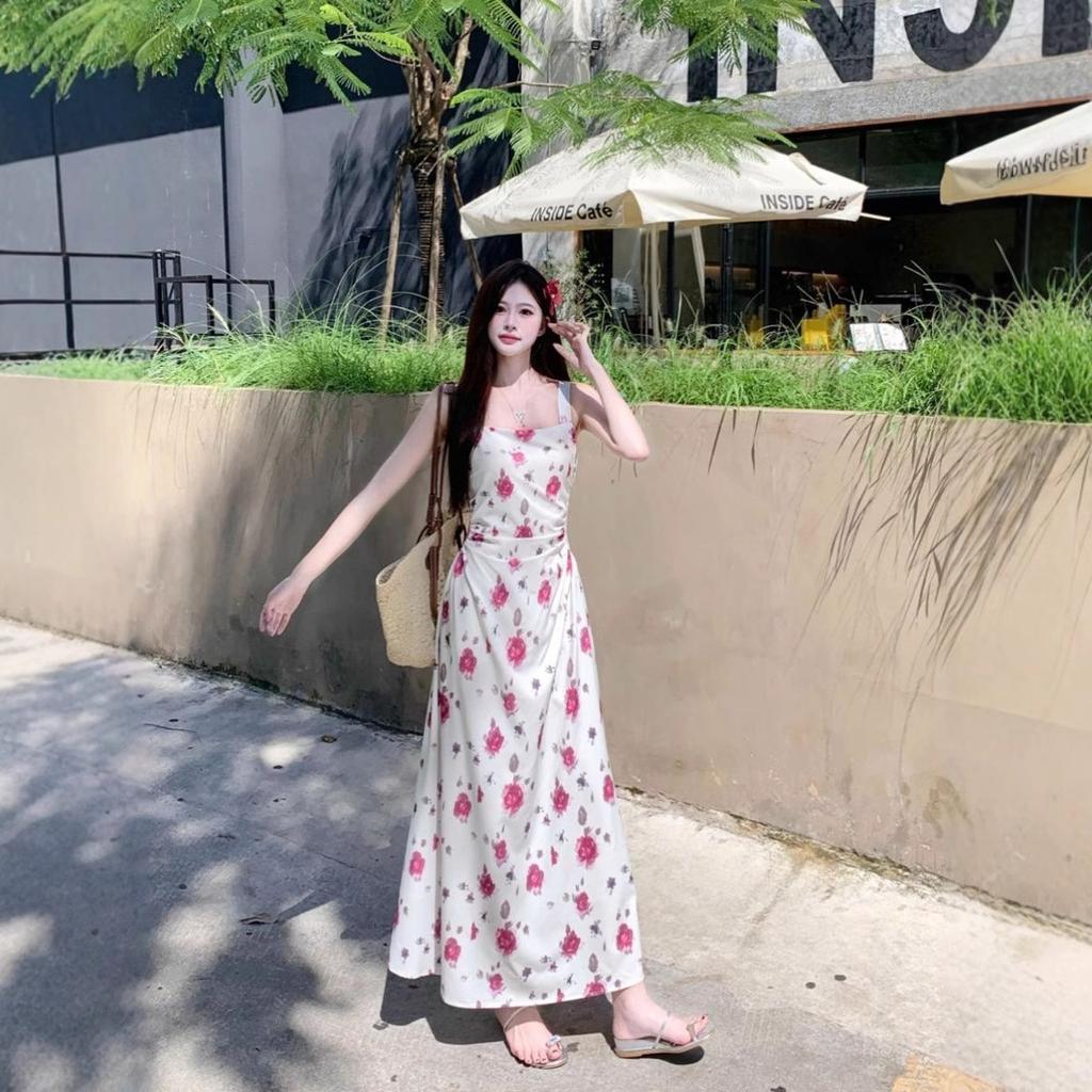 French Pure Desire Coffee Break Floral Suspender Dress Women's Summer Waist Super Fairy Seaside Vacation Temperament Long Dress Tide