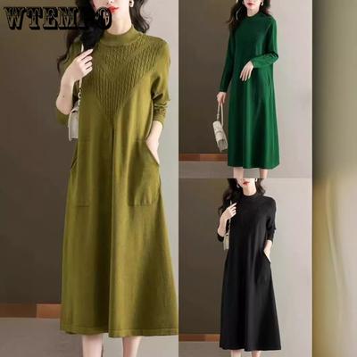 Half Turtleneck Sweater Dress Solid Color Loose Knee-length Long Knitted Sweater for Women Large-sized Knitted Dress for Autumn and Winter