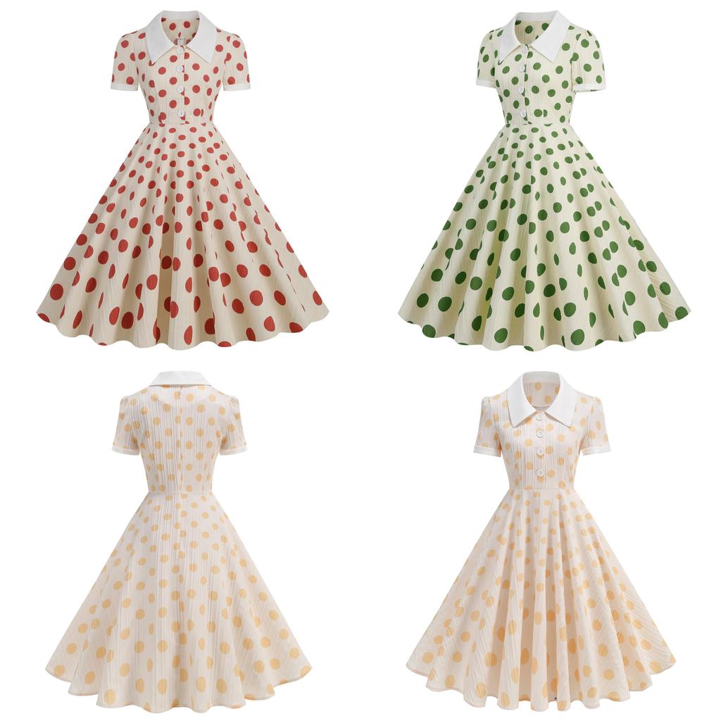 Vintage Polka Dot Dress With Spliced Details For Casual Outings And Parties
