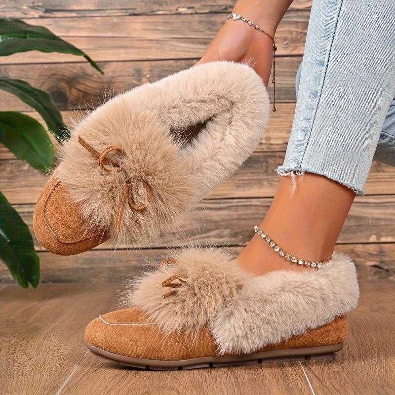 Women's Plush Slip-On Slippers with Bow - Winter Indoor/Outdoor House Shoes, Soft Cushioned TPR Sole & Plush, White/ Beige/ Brown/Dark Grey/Dark Blue