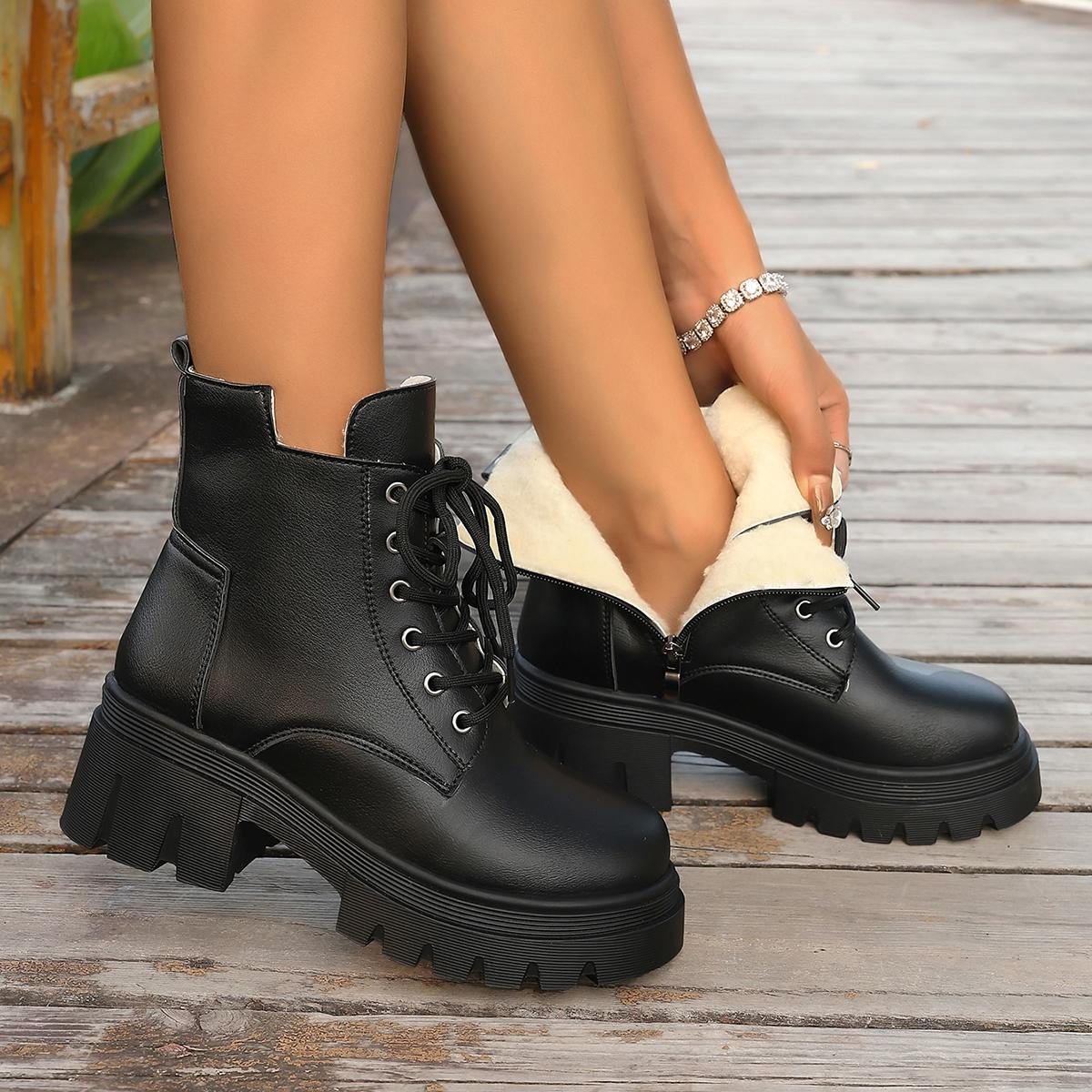 

New Women Pu Leather Ankle Booties Woman Autumn Winter Plush Round Toe Lace Up Shoes Woman Motorcycle Platform Gothic Boots 11 39