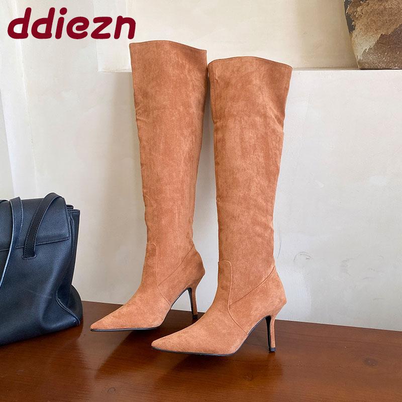 Mode Mode Spitzschuh Damen Moderne Stiefel mit dünnen Absätzen Schuhe Flock Damen Kniehohe Stiefel Slipper Damenschuhe
