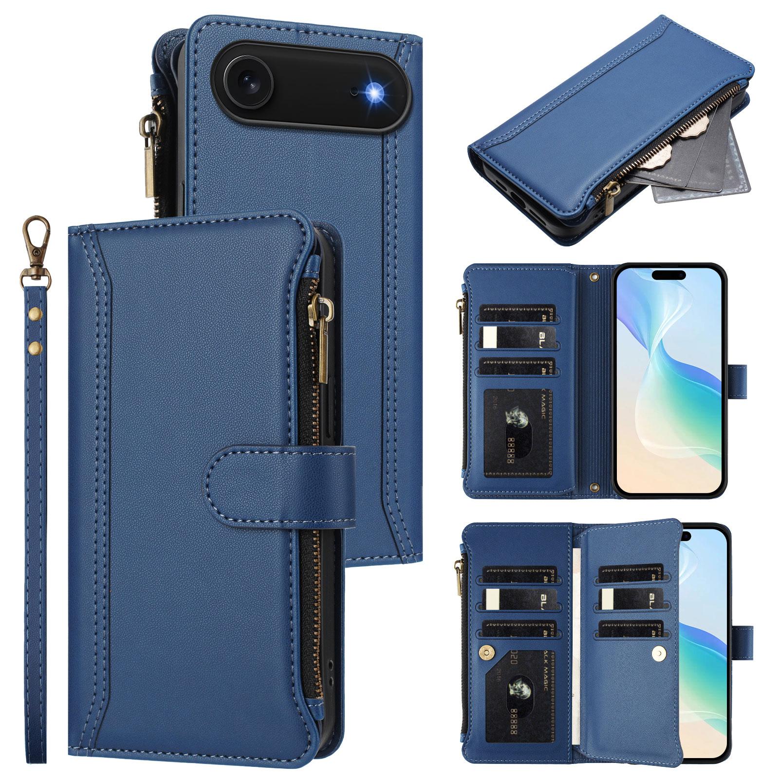 

For iPhone 17 Air Leather Case 9 Card Slots Zipper Wallet Stand Phone Cover with Wrist Strap Black