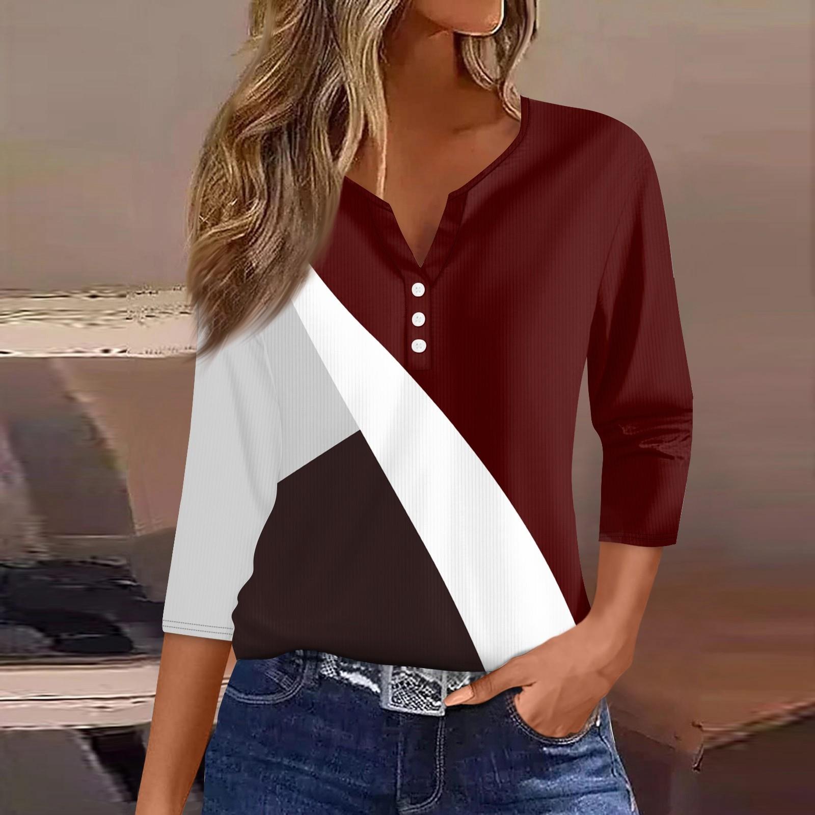 

Женская футболка с принтом на пуговицах, рукав 3/4, туника, повседневная мода на выходные, базовый топ с V-образным вырезом XL винный