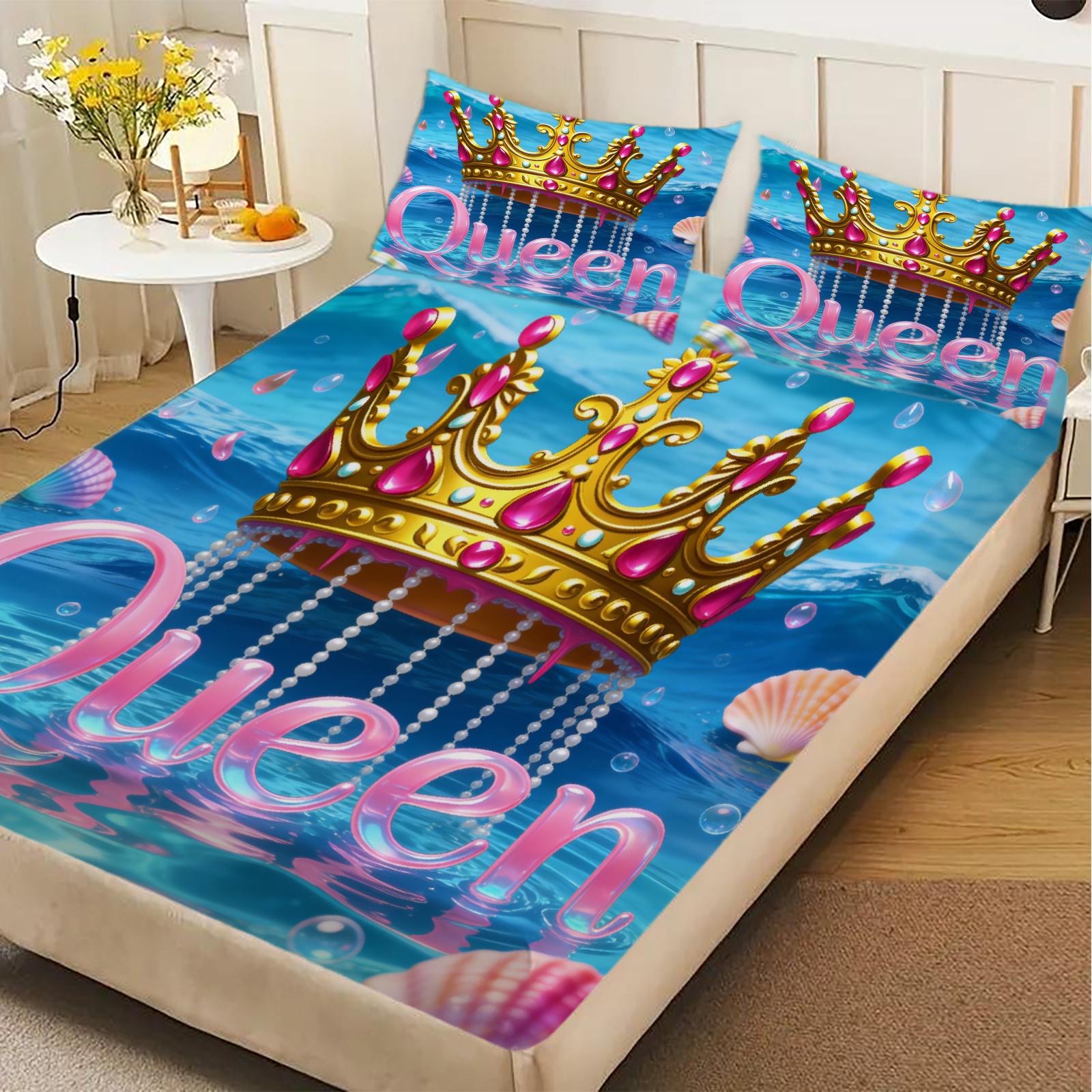 Queen Crown Fitted Sheet Set Blue With Pink Crown And Queen Text Print With Pillowcases For Bedroom Decor 99x190x25cm