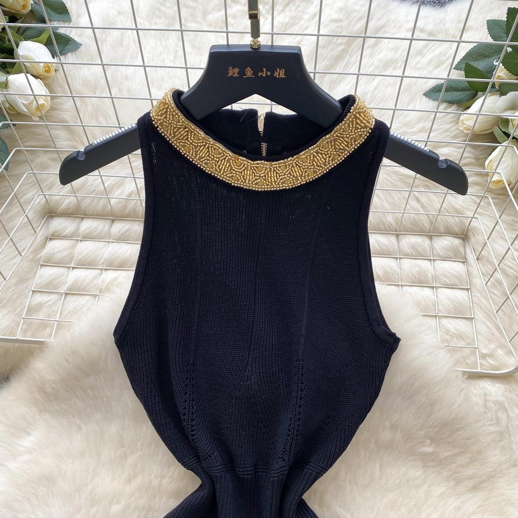 Verano Mujer Cuello con Cuentas Suéter de Punto sin Mangas Y2K Mini Corto Ajustado Vestidos de Vaina