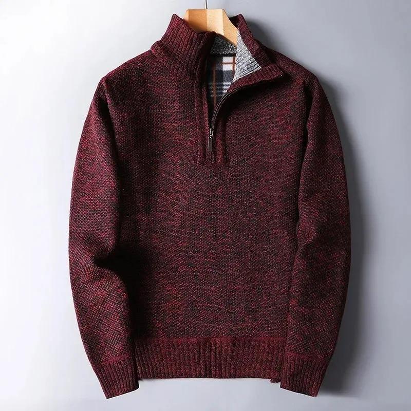 Autumn Winter Fleece Lined Heathered Texture Men's Half Turtleneck Half Zip Sweater Thickened Casual Pullovers