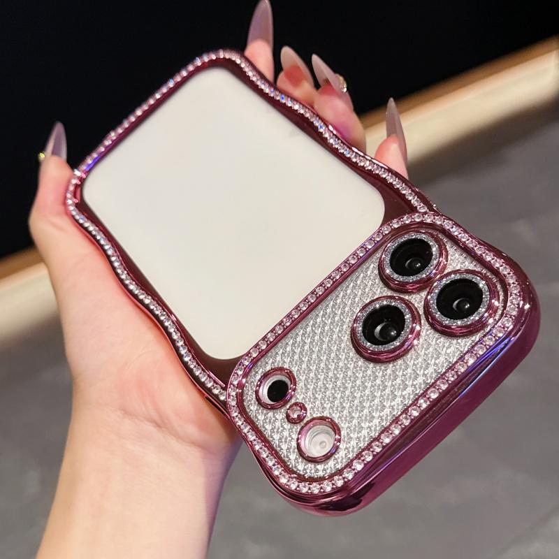 KEYSION Plating Transparent Wavy Rhinestone Phone Case for iPhone 13 14 15 16 17 Pro Max Air 16 Plus Lens Protector Shockproof Cover