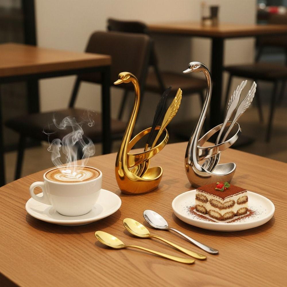 Stainless Steel Cutlery Holder Racks with Forks Spoons Dessert Forks Spoons Swan Cutlery Set Tea