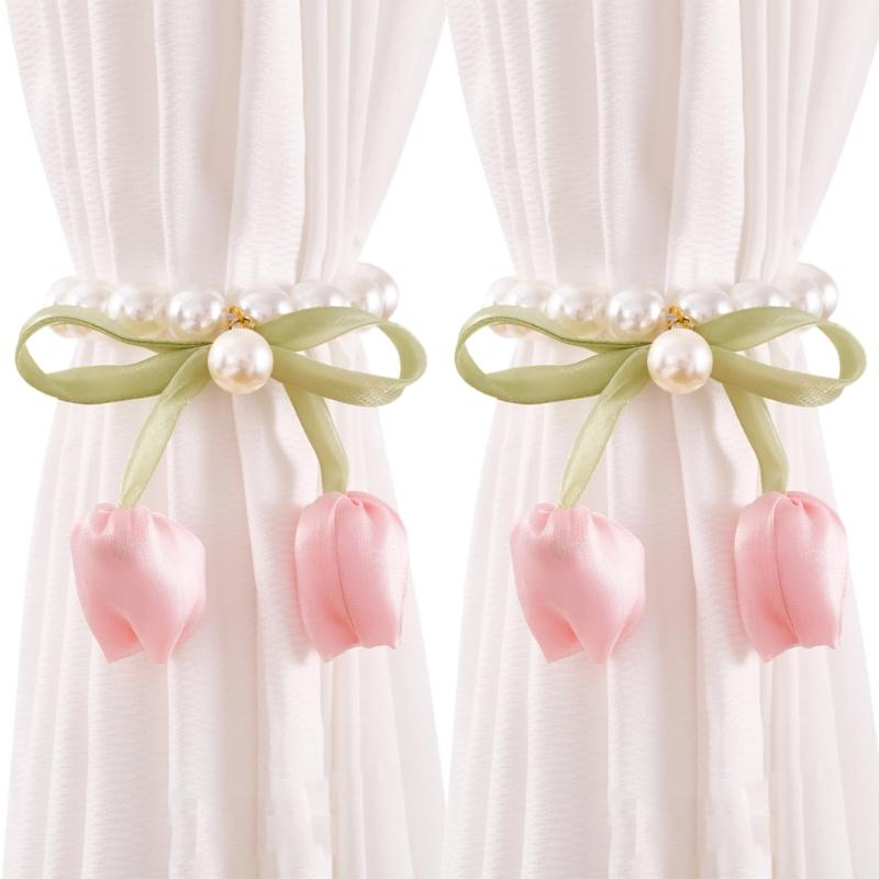 2Pcs Magnetic Clasp Curtain Holdbacks Tulips Bowknot Pearls Beads Window Drape Tiebacks for Living Room Bedroom Decors