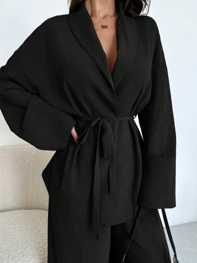 2025 Autumn/Winter European & American Fashion V-Neck Women's Elegant Long-Sleeved Wide-Leg Pants Set