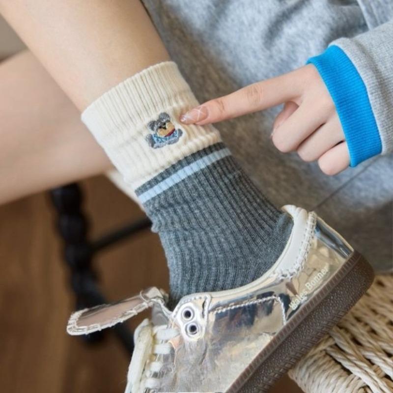 Grey Striped Socks, Women's Mid-calf Socks, Spring and Autumn Cotton Socks, Cute Cartoon Lace, Trendy Outerwear Long Socks