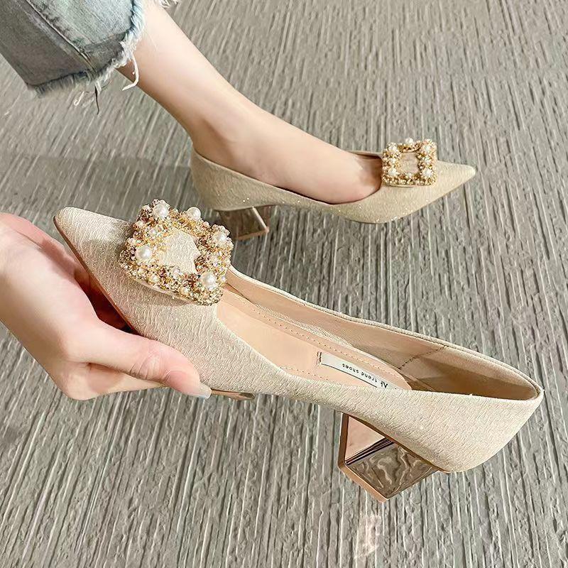 Size 34-42, large size women's shoes single shoes women's new pointed champagne single shoes French thick heel square diamond high heels 41