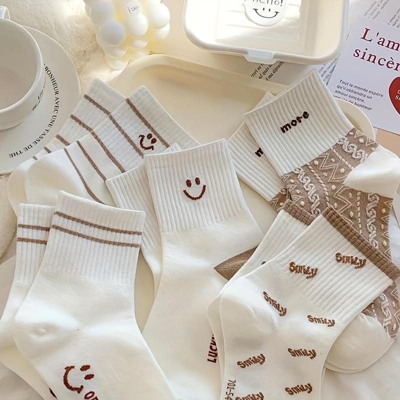 5 Pairs Smile Face Print Socks, Cute & Breathable Mid Tube Socks, Women's Stockings & Hosiery