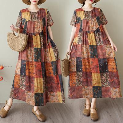 DIMANAF 2025 Summer Women Vintage Linen Plus Size Long Printing Dress Short Sleeve Casual O-Neck Basic Fashion Loose Dress