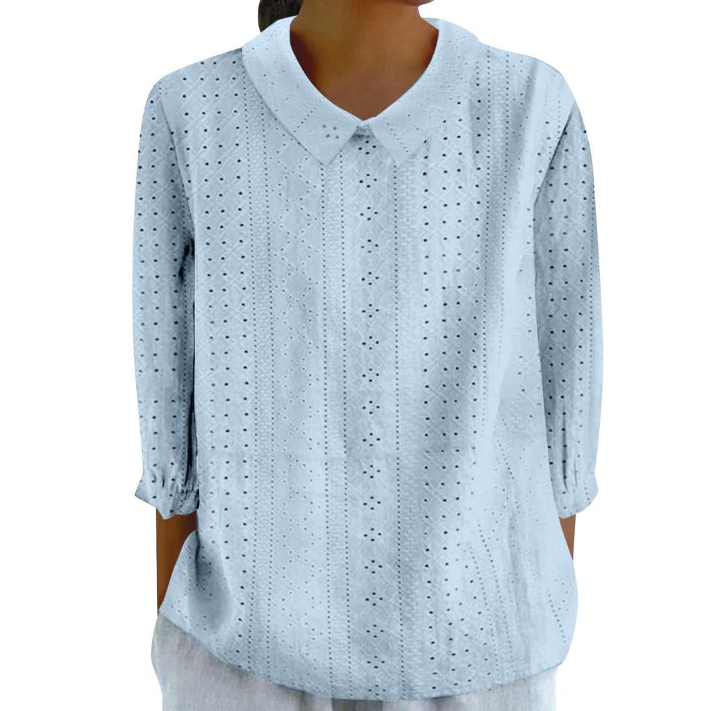 Button-Down-Hemden für Damen, Ösen-Spitzenkragen, 3/4-Ärmel, einfarbig, lässig, lockere Passform, bequem, für den Herbst, für den Alltag