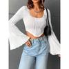 Women's Solid Color U Neck Cropped Flare Long Sleeve T-shirt, Slim Fit Sexy Short Sleeve Top, Fashion Casual Streetwear for Women