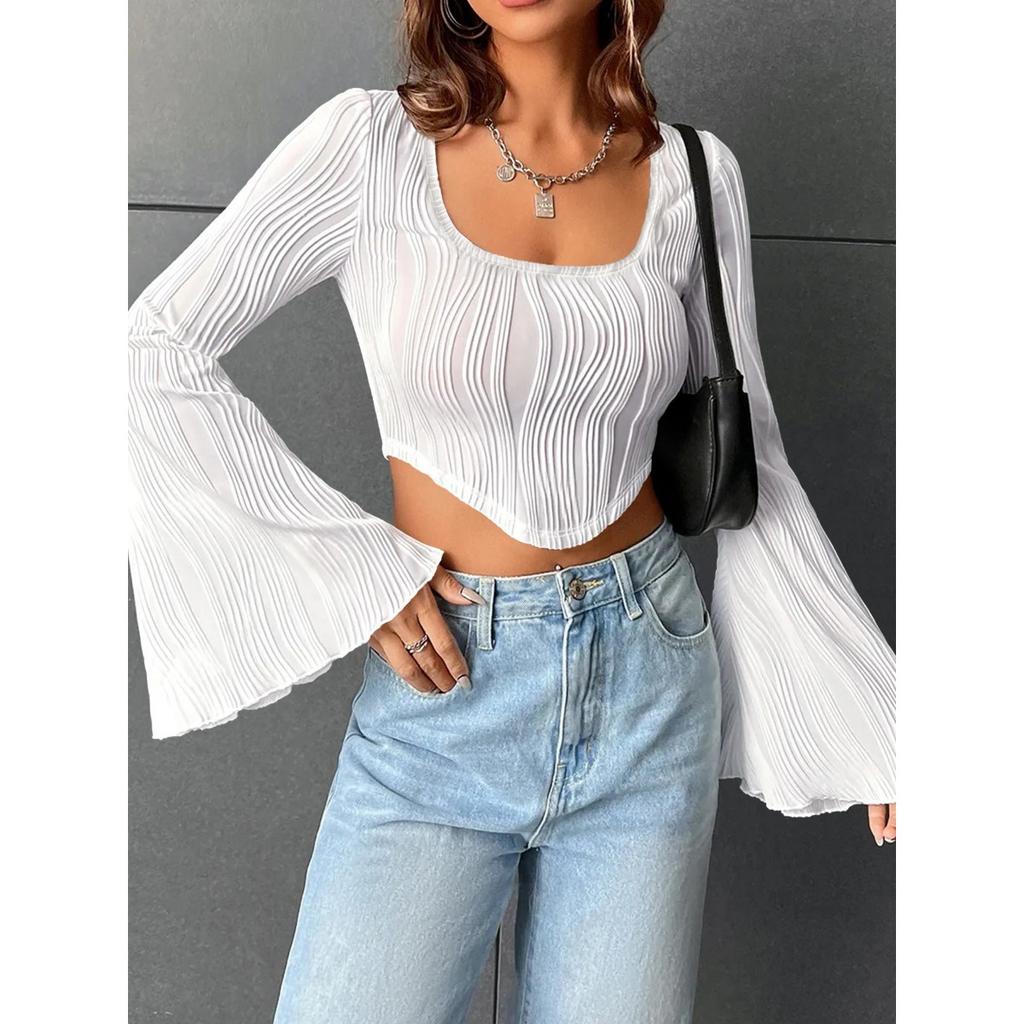 Women's Solid Color U Neck Cropped Flare Long Sleeve T-shirt, Slim Fit Sexy Short Sleeve Top, Fashion Casual Streetwear for Women