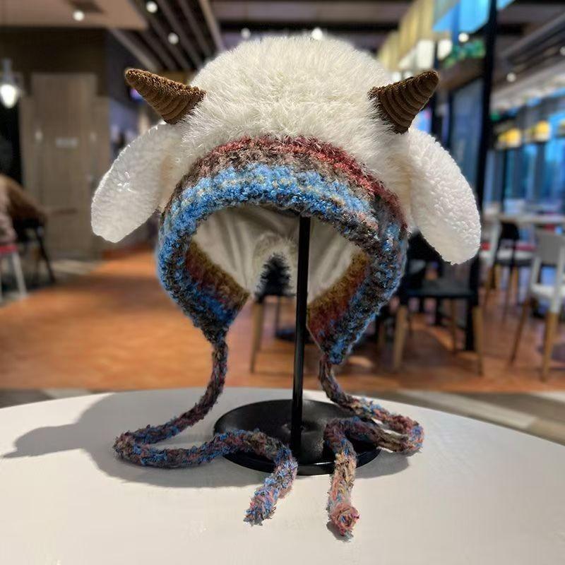 Cute lamb warm hat women's autumn and winter cold-proof plush knitted ear hat outdoor pullover hat