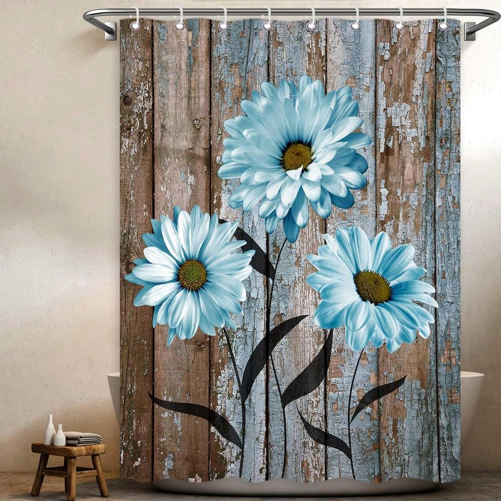 Farmhouse Floral Shower Curtain, Rustic Country Wooden Daisy Flower Shower Curtains for Bathroom, Vintage Blue Fabric Shower