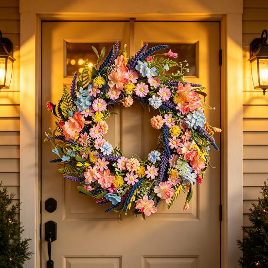Spring Wreath for Front Door Artificial Floral Wreath with Eucalyptus Leaf Lavender Wildflowers for Easter Indoor Outdoor Home Farmhouse Wall Decor