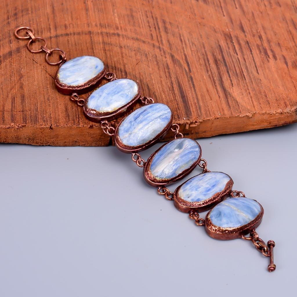 Oval Blue Kyanite Stone Copper Statement Anniversary Gift Electroformed Bracelet V-74