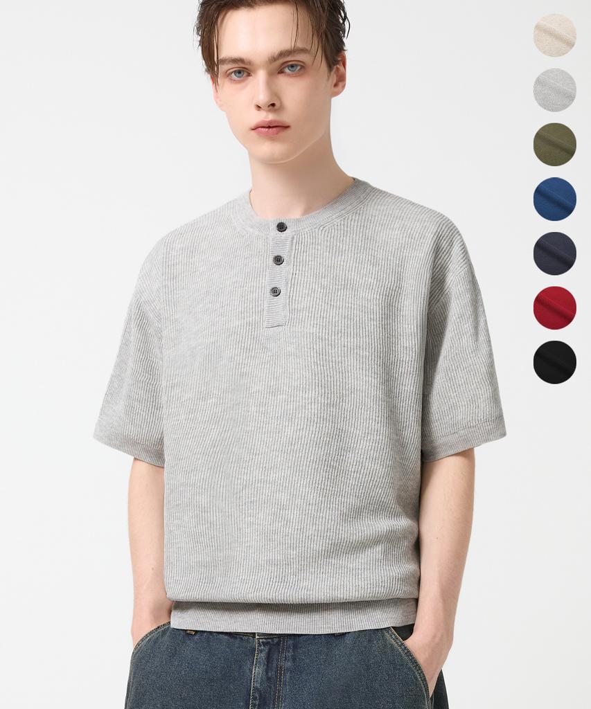TRILLION Washable Linen Crop Henley Neck Short Sleeve Knit_7 Colors (Type A)