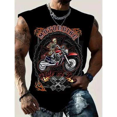 3D Creative Retro Motorcycle Print Outdoor T-shirt Sports Style Casual Breathable Round Neck Four-season Fitness Men's Vest