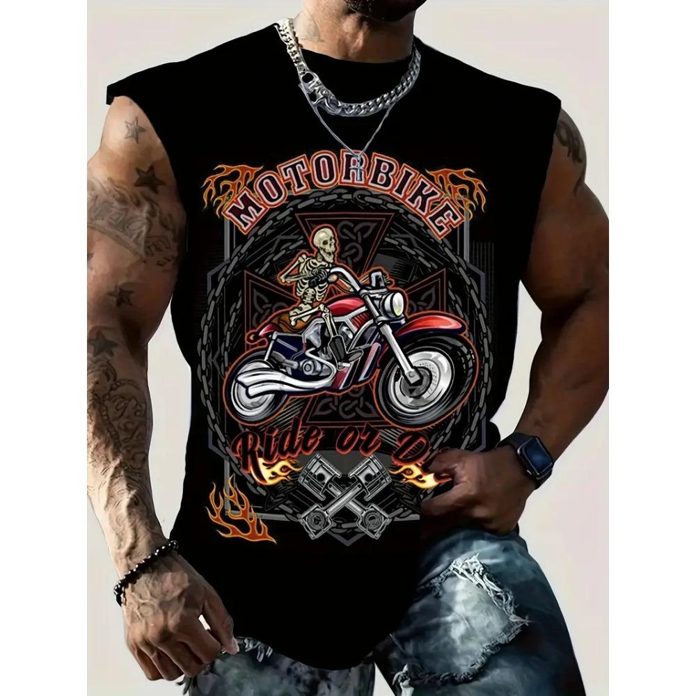 3D Creative Retro Motorcycle Print Outdoor T-shirt Sports Style Casual Breathable Round Neck Four-season Fitness Men's Vest