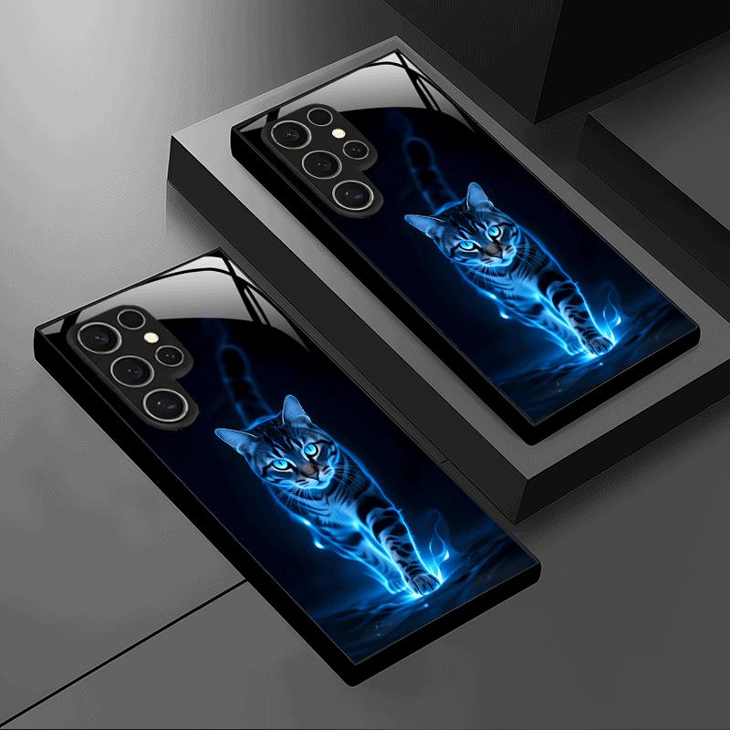 Blue Flame Cat Glass Phone Case Suitable for Samsung Galaxy S26 S25 S24 S23 S22 S20 FE/Ultra/Plus Anti Drop Back Cover