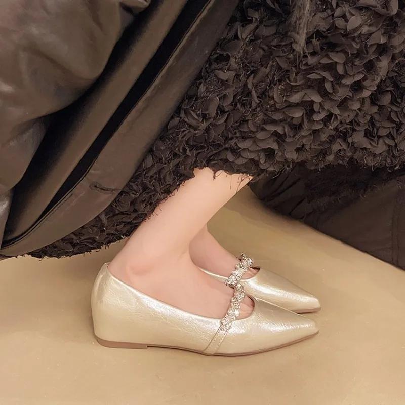 Single Shoes Women's New Summer New Shallow Mouth Gentle Retro Rhinestone with Skirt Heightened Pointed Toe Small Leather Shoes