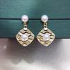 Pearl Stud Earrings - Natural Freshwater, Geometric Diamond Design, Elegant Retro Style Jewelry