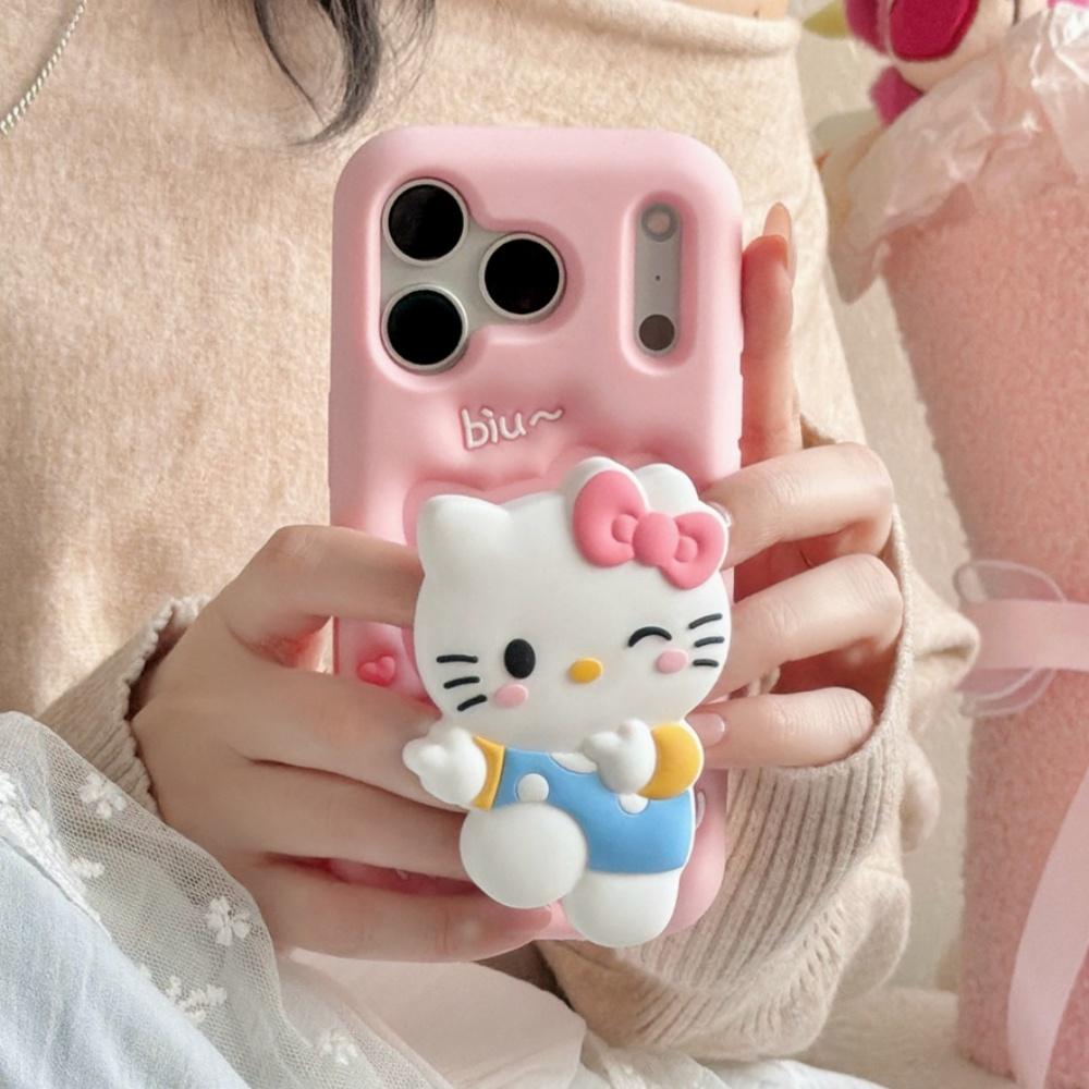 Pink Cute 3D KT Head Grip Tok Holder Phone Case For iPhone 17 Pro Max 16 Pro 15 Pro 14 Plus 13 12 17 Pro Shockproof Phone Cover