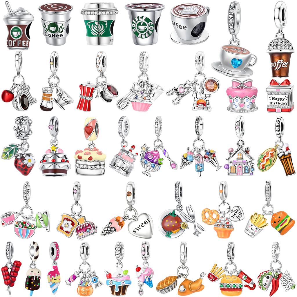 925 Silver Food Series Charms Beads Coffee Cup Bread Cake Ice Cream Pendant Fit Bracelet Necklace Women DIY Fine Gifts