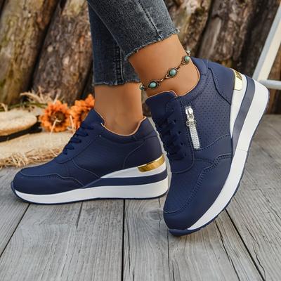 [Sneakers Blu Navy] Sneakers Casual da Donna Blu Navy e Dorate | Punta Tonda, Allacciatura, Suola in Gomma, Scarpe Comode per Tutte le Stagioni, Calzature Casual