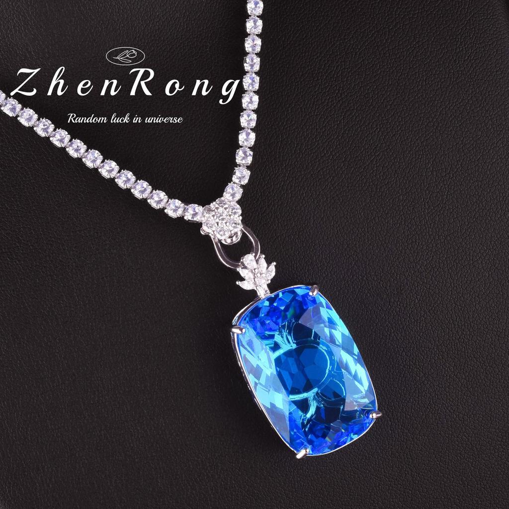 Aquamarine Topaz Pendant - 20 Carat Rectangular Gemstone Necklace In Bird's Nest Fanta Padparadscha Design