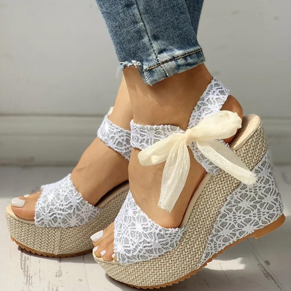 Lace Leisure Women Wedges Heeled Women Shoes 2025 Summer Sandals Party Platform High Heels Shoes Woman