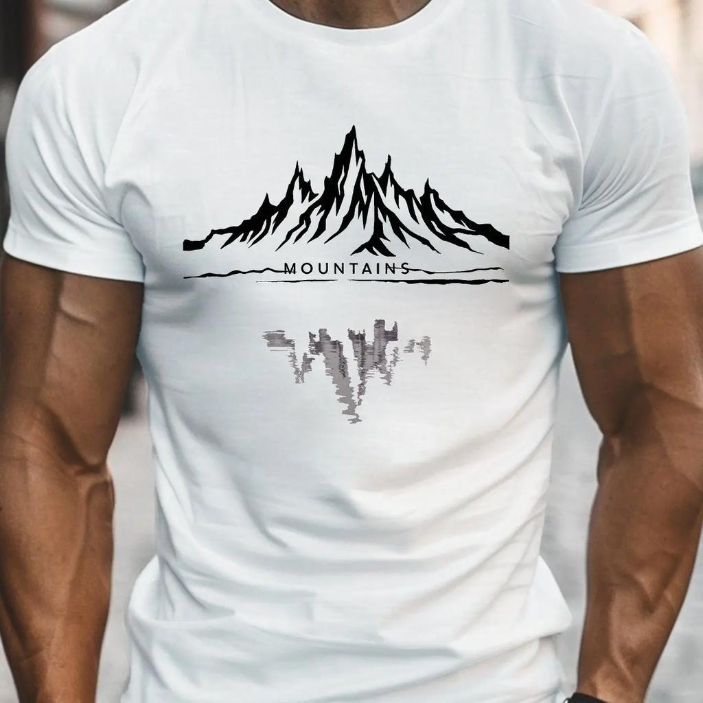 Unisexs Summer Cotton Fashionable Casual Sports Loose Fashion Mountain Pattern Printed Round Neck Short Sleeved Tshirt