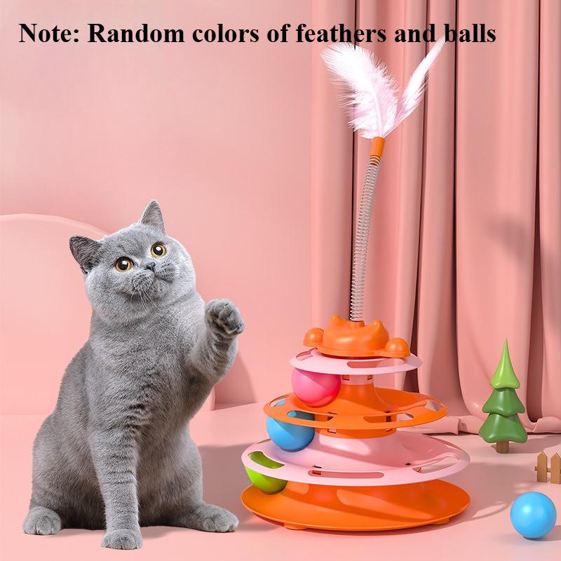 1pcs 3-Layer Feather Cat Turntable with Fun Toy Ball and Playing Stick - Interactive Toy for Cats