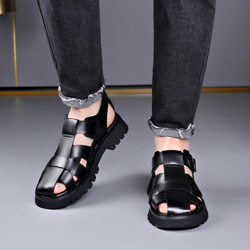 Men's Trendy Retro Style Leather Slip-on Sandals - Breathable, Lightweight, Thick Sole with Buckle