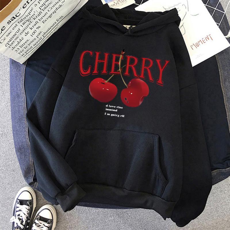 Girls 2000s Cherry Love Long Sleeve Pocket Hoodies Funny Gothic Sweatshirt  Women's Print Casual Hoody Streetwear