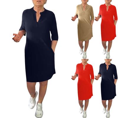 Women's Fashion Midi Sleeve V Neck Loose Casual Solid Color Dress With Pockets