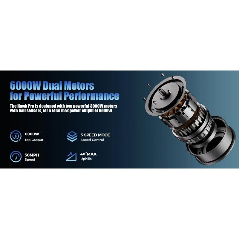 YUME HAWK Pro elektritõukeratas 10x4,5-tollised ilma sisekummita maanteerehvid 3000W * 2 mootor 60V 30Ah aku Maksimaalne kiirus 80 km/h Maksimaalne sõiduulatus 97 km