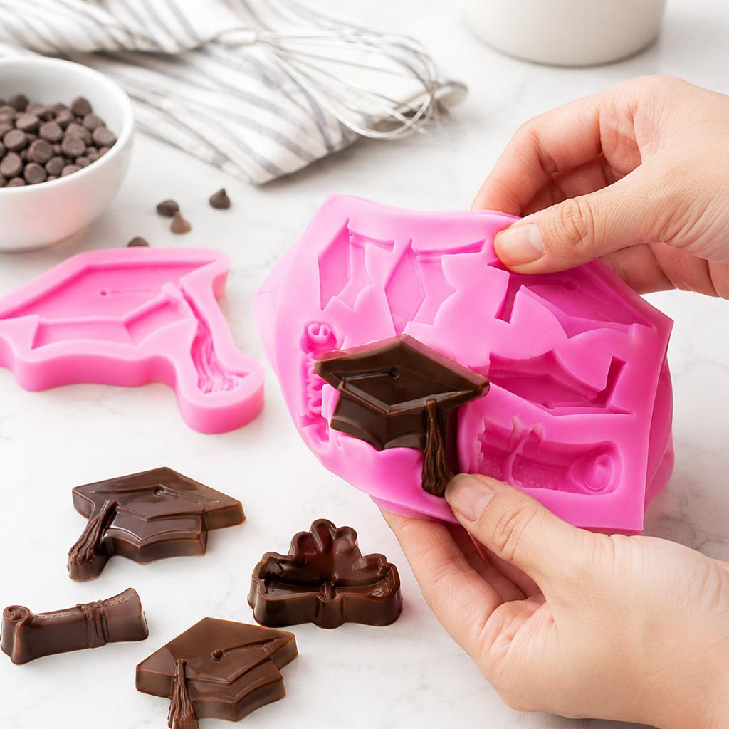 Silicone Graduation Cap Diploma Mold Set for Fondant Cake Chocolate Baking Decoration Tools Flexible Non-Stick Molds for Edible Crafting