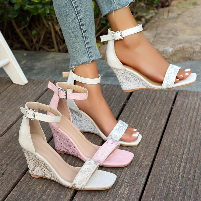Summer new wish large size square head wedge sandals flat casual one-word buckle high-heeled sandals women