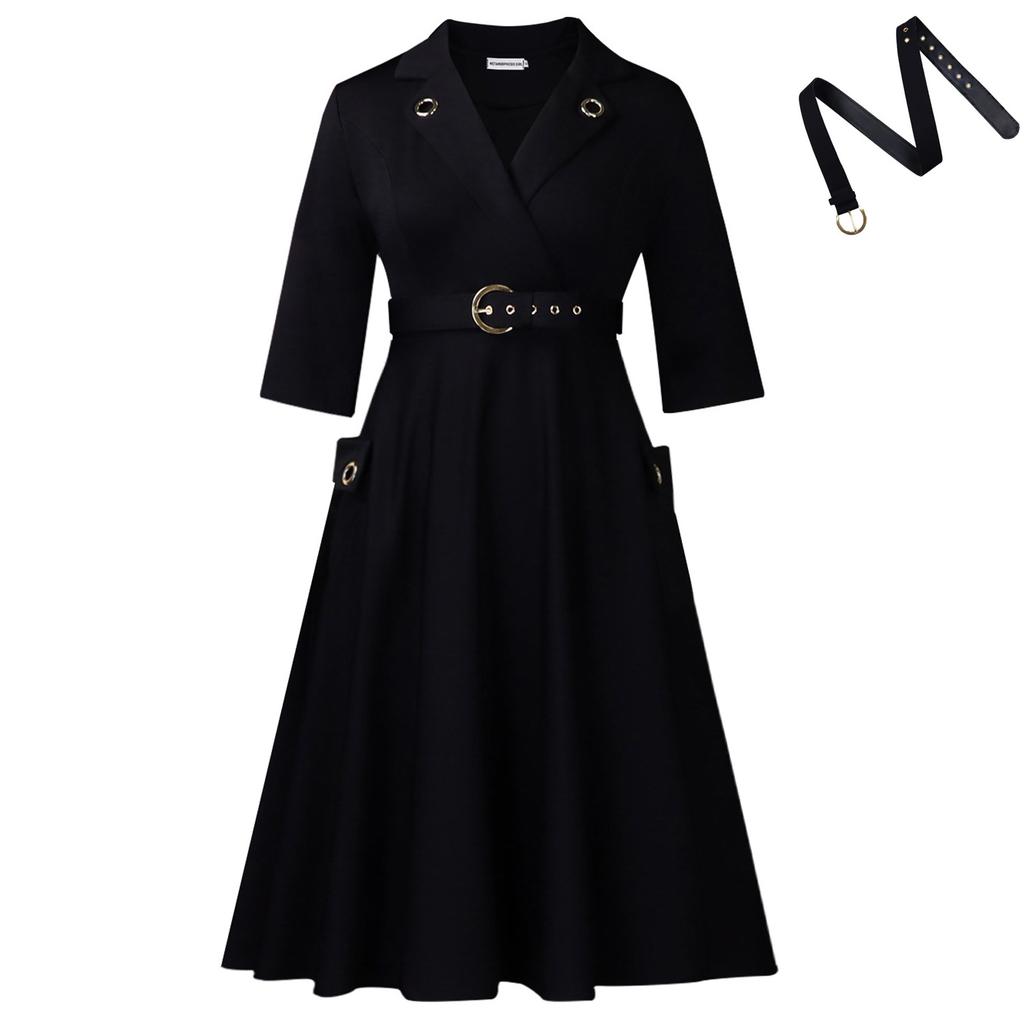 Women's Light Blue Shirt Collar Button Front A Line Midi Dress with Belt